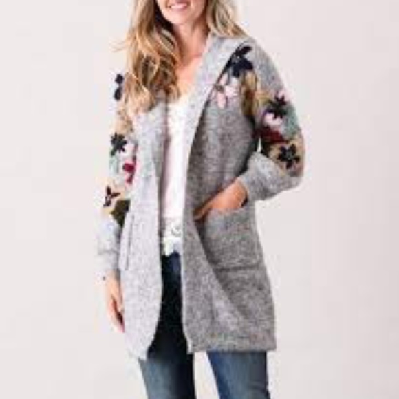 Simply Couture Sweaters - Simply Couture Floral Applique-Sleeve Long Hooded Cardigan Wool Blend L
